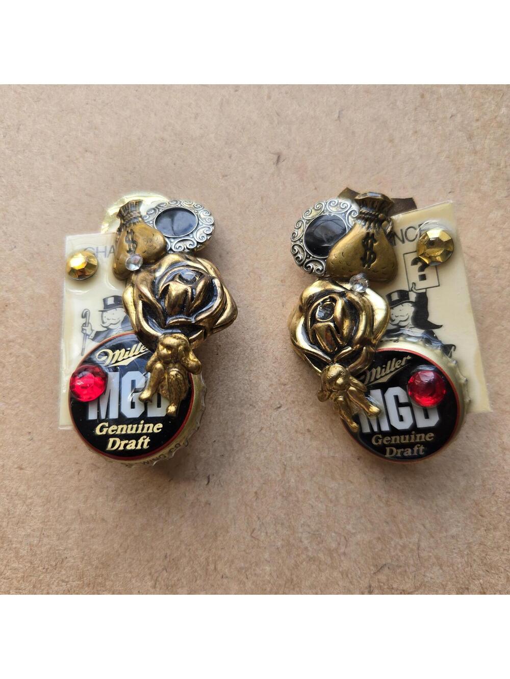 Kitsch Clip On Earrings Monopoly Miller Beer Bottle Cap Mixed Media